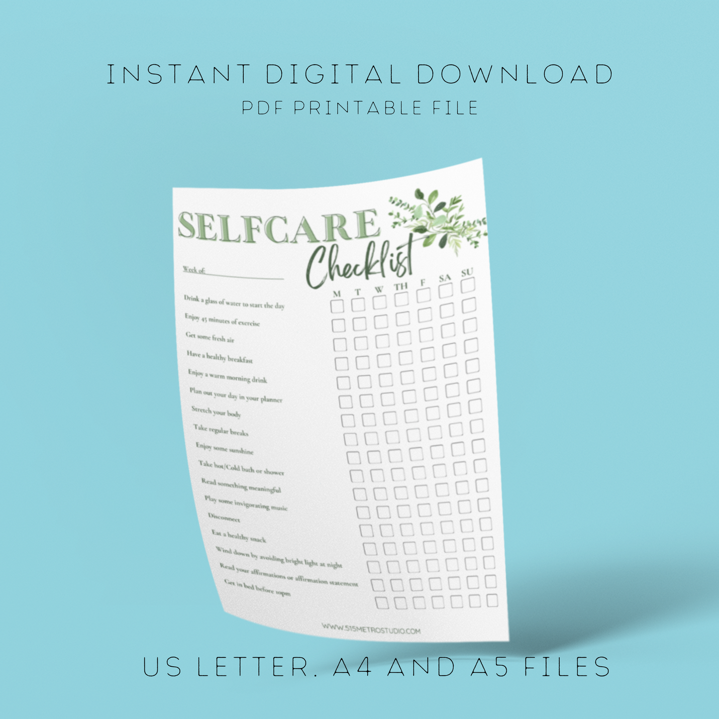 Self Care Checklist -Greenery | Instant Printable Download