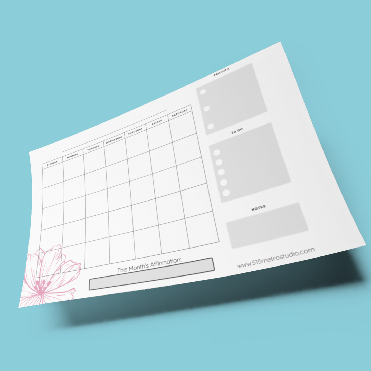 Monthly Blank Planner | Simple Pink Flower Monthly Planner | Instant Printable Download