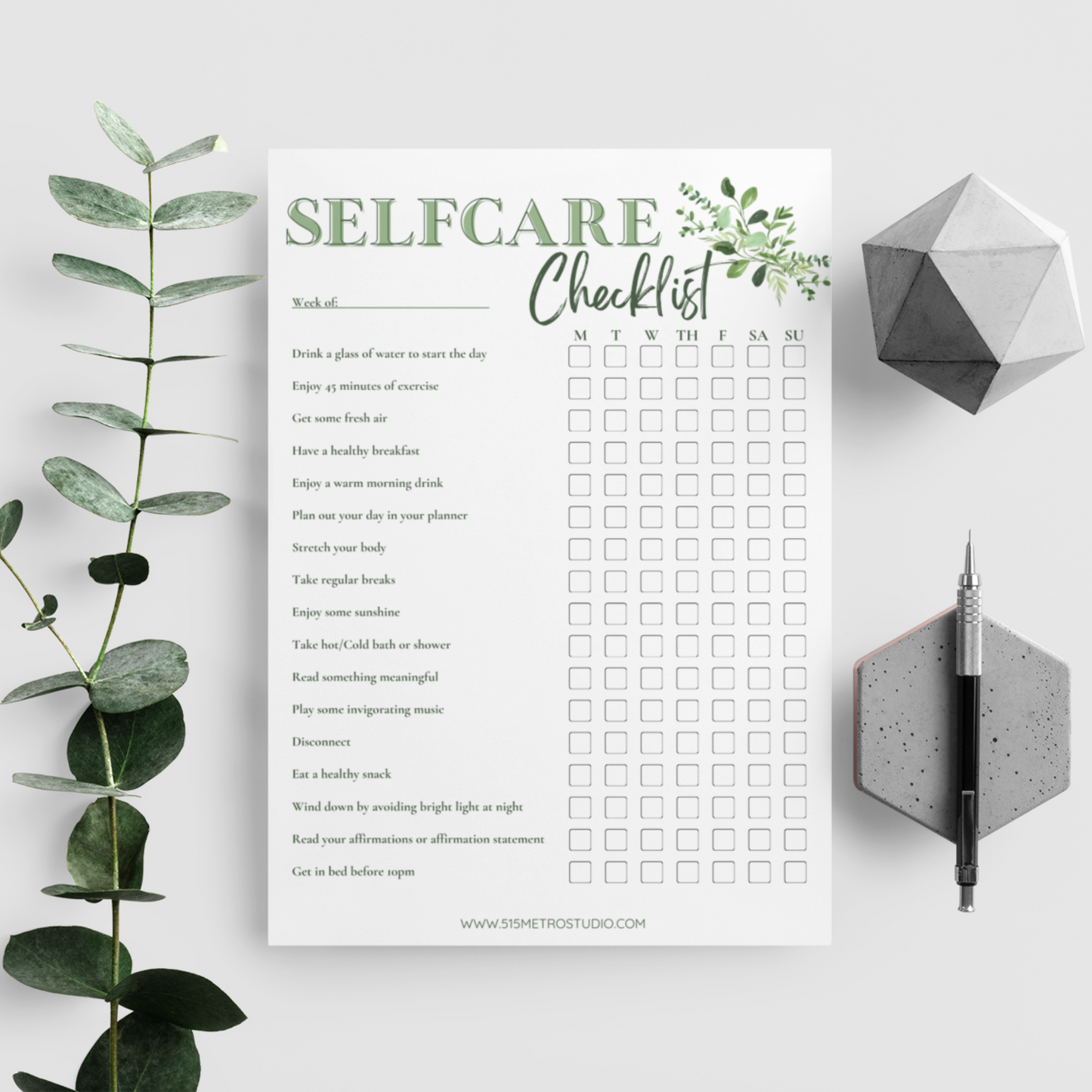 Self Care Checklist -Greenery | Instant Printable Download