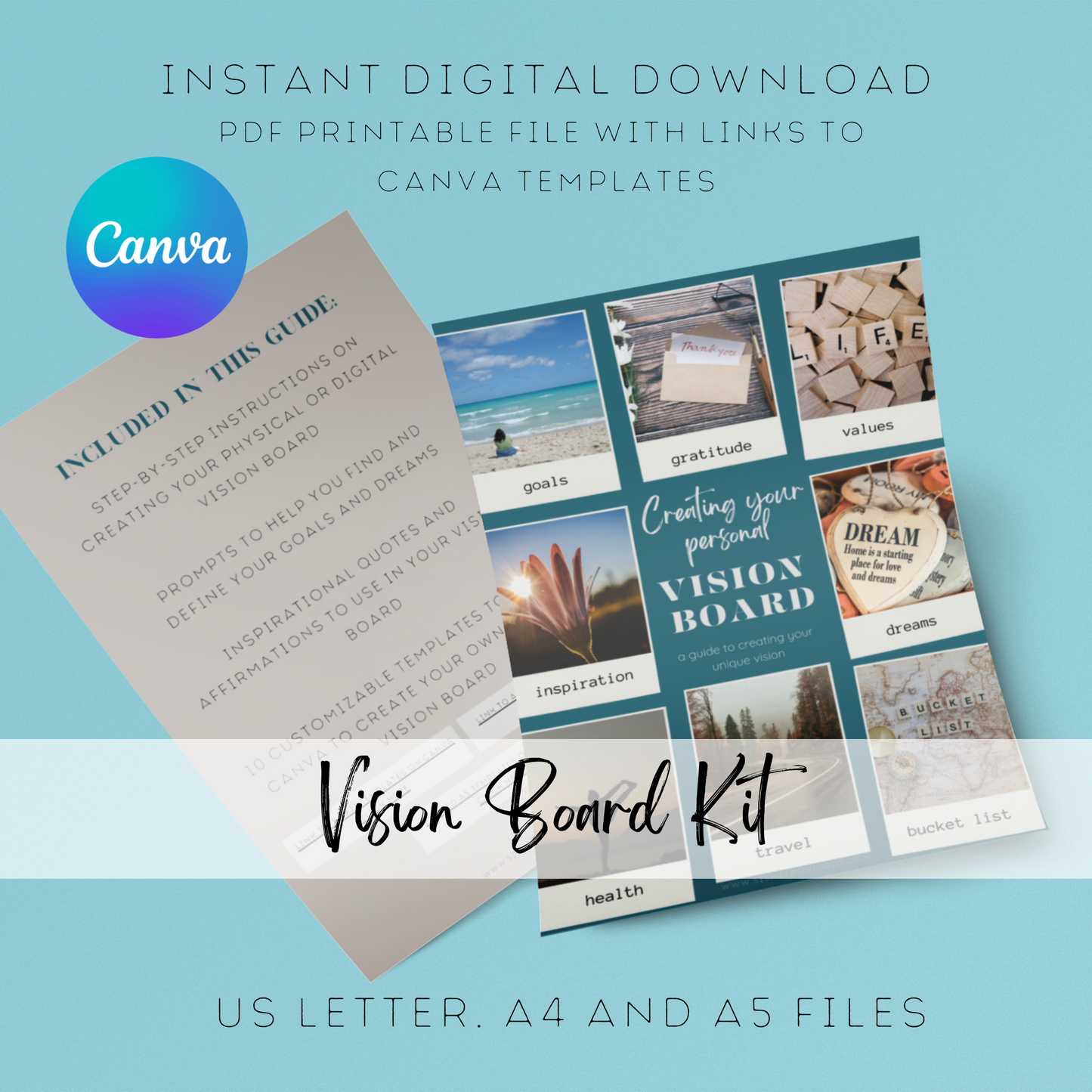Ultimate Dreamer's Vision Board Kit -Digital | CANVA TEMPLATE | Printable Digital Download PDF
