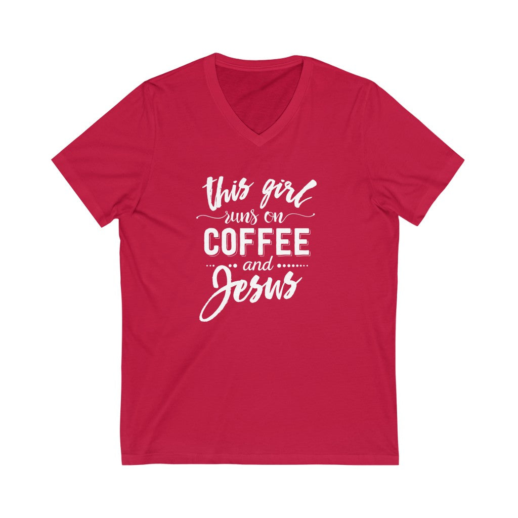 This Girl Runs on Coffee and Jesus V-neck shirt | Christian Shirt