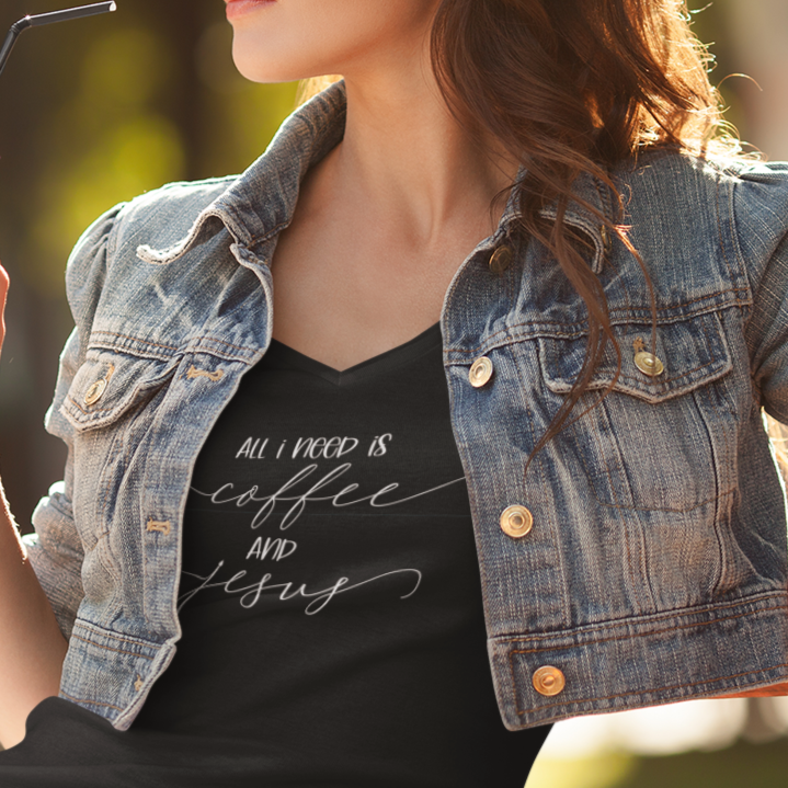 all I need is coffee and Jesus black Vneck | Christian shirt
