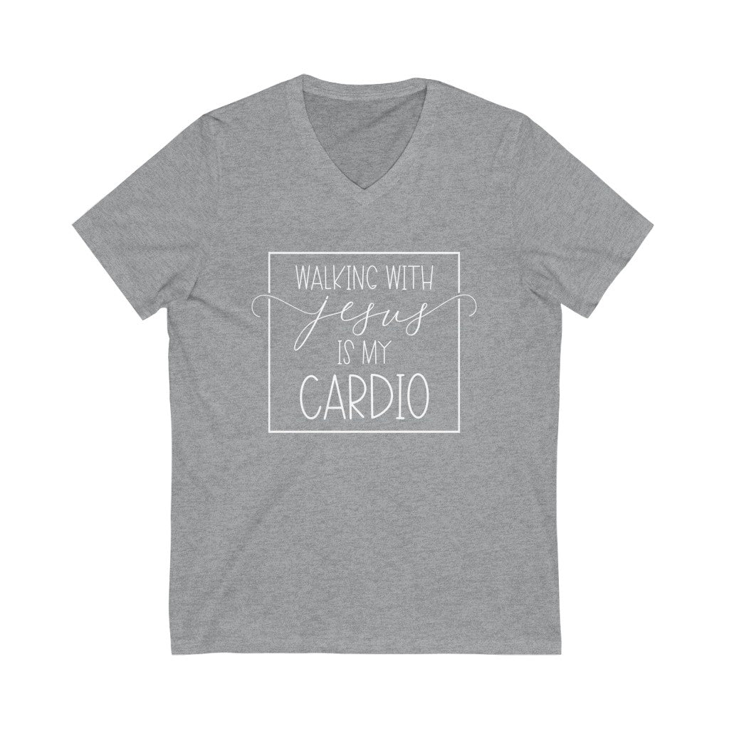 Walking With Jesus is My Cardio V-neck shirt | Christian Shirt