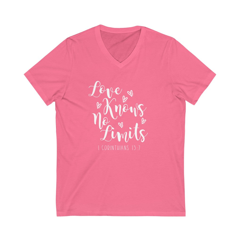 Love Knows No Limits V-neck shirt | 1 Corinthians 13:7 | Christian Shirt
