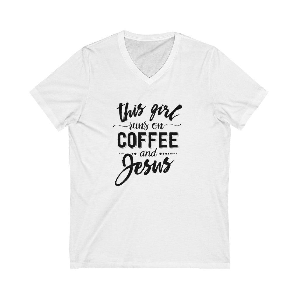 This Girl Runs on Coffee and Jesus V-neck shirt | Christian Shirt