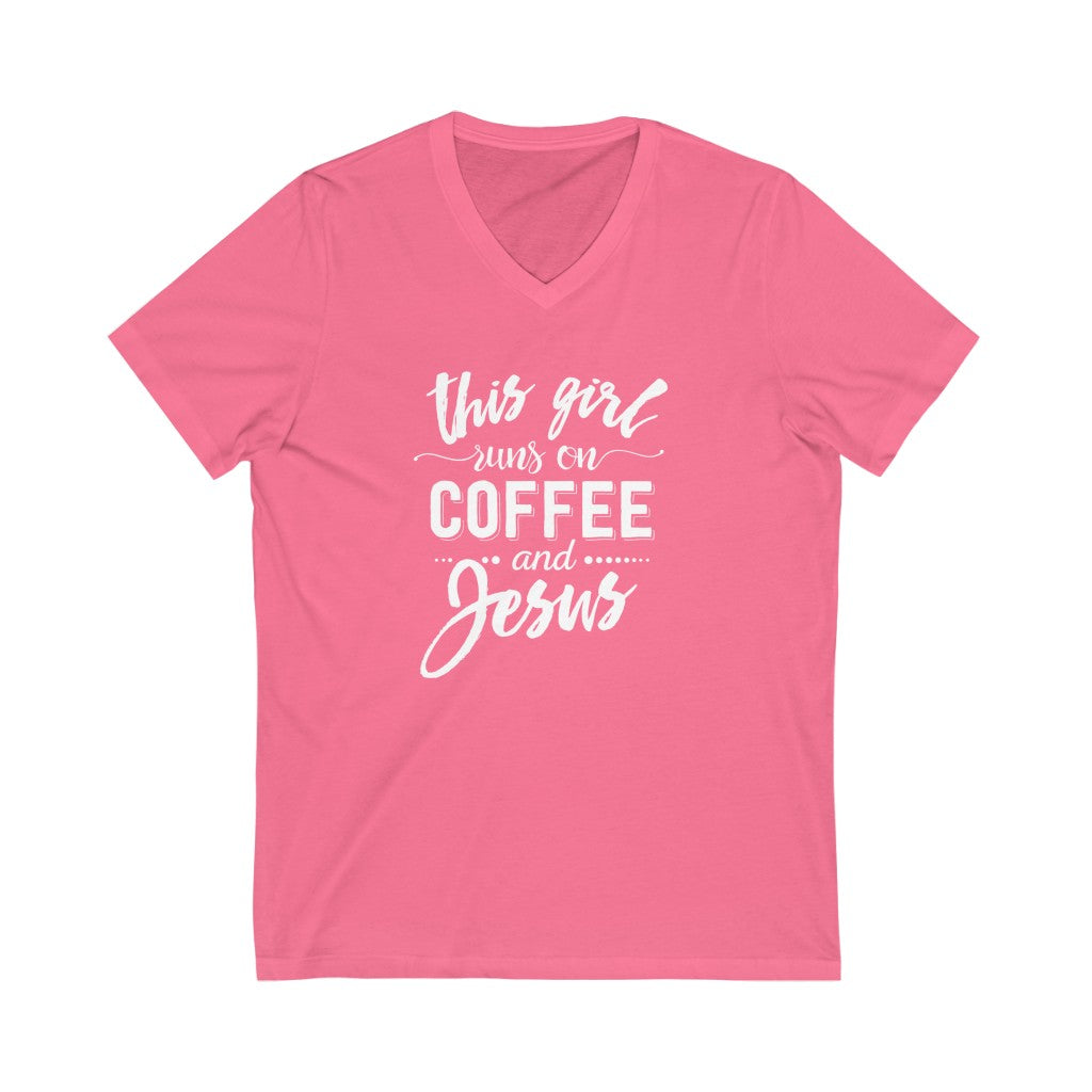 This Girl Runs on Coffee and Jesus V-neck shirt | Christian Shirt