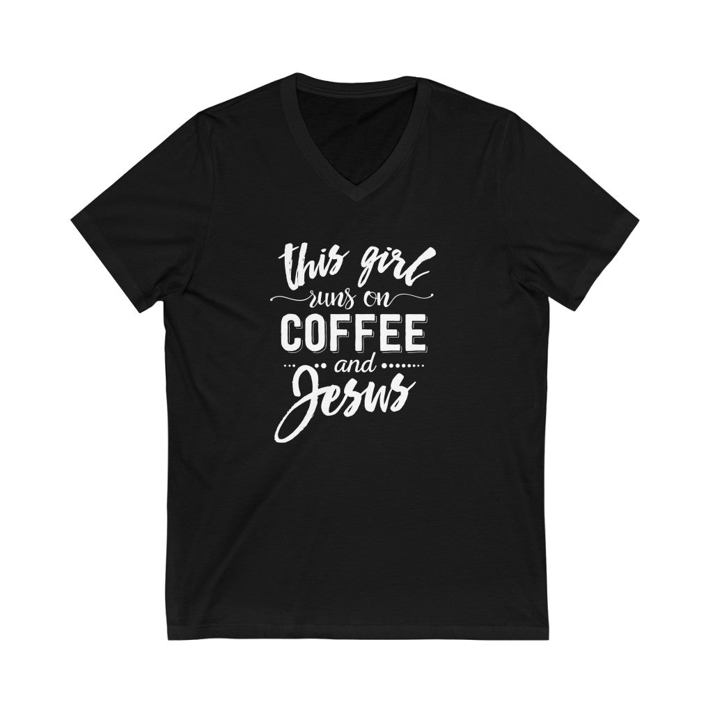 This Girl Runs on Coffee and Jesus V-neck shirt | Christian Shirt