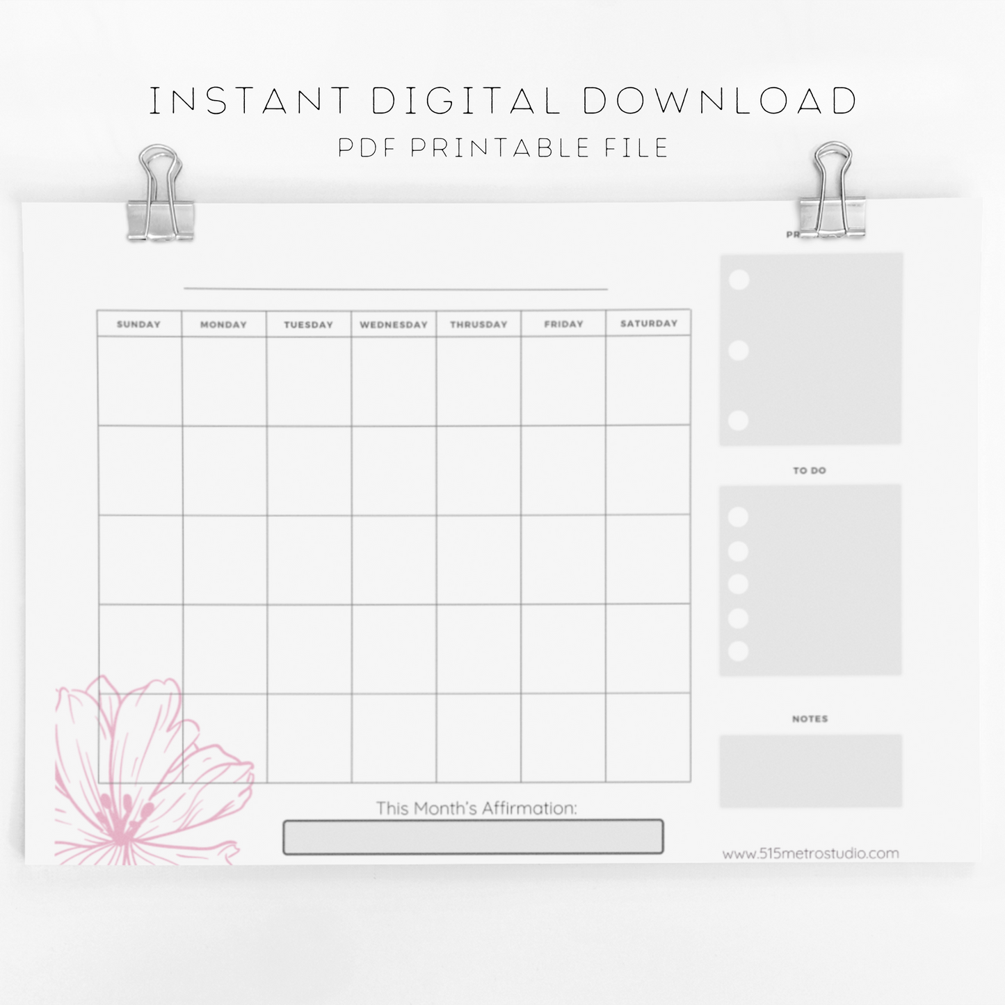 Monthly Blank Planner | Simple Pink Flower Monthly Planner | Instant Printable Download