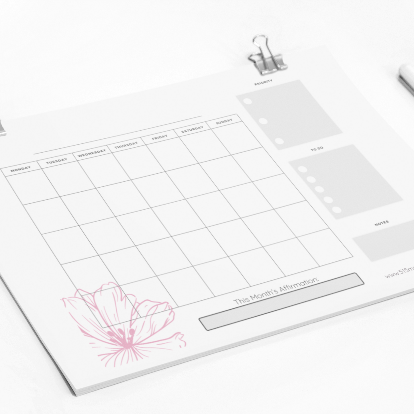 Monthly Blank Planner | Simple Pink Flower Monthly Planner | Instant Printable Download