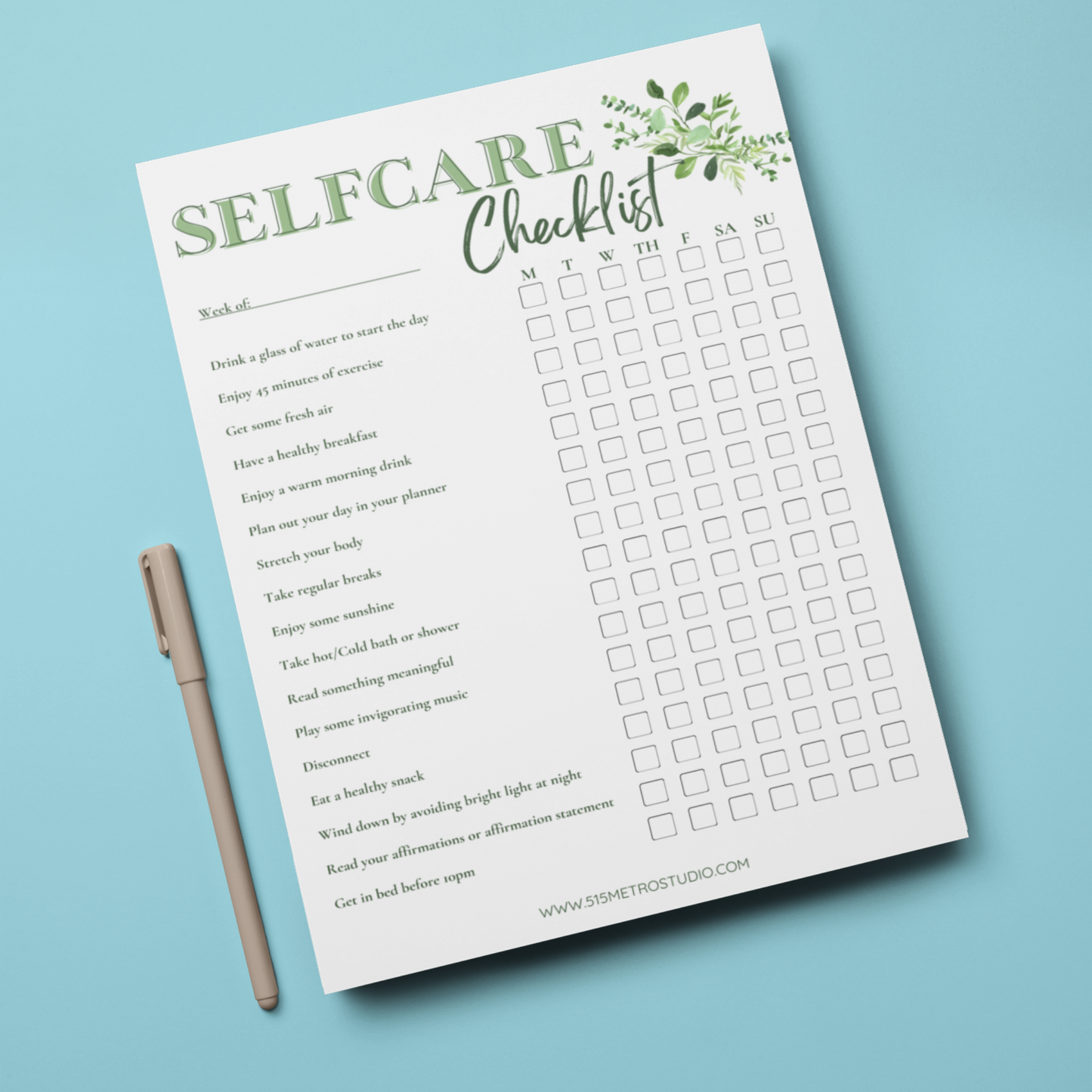 Self Care Checklist -Greenery | Instant Printable Download