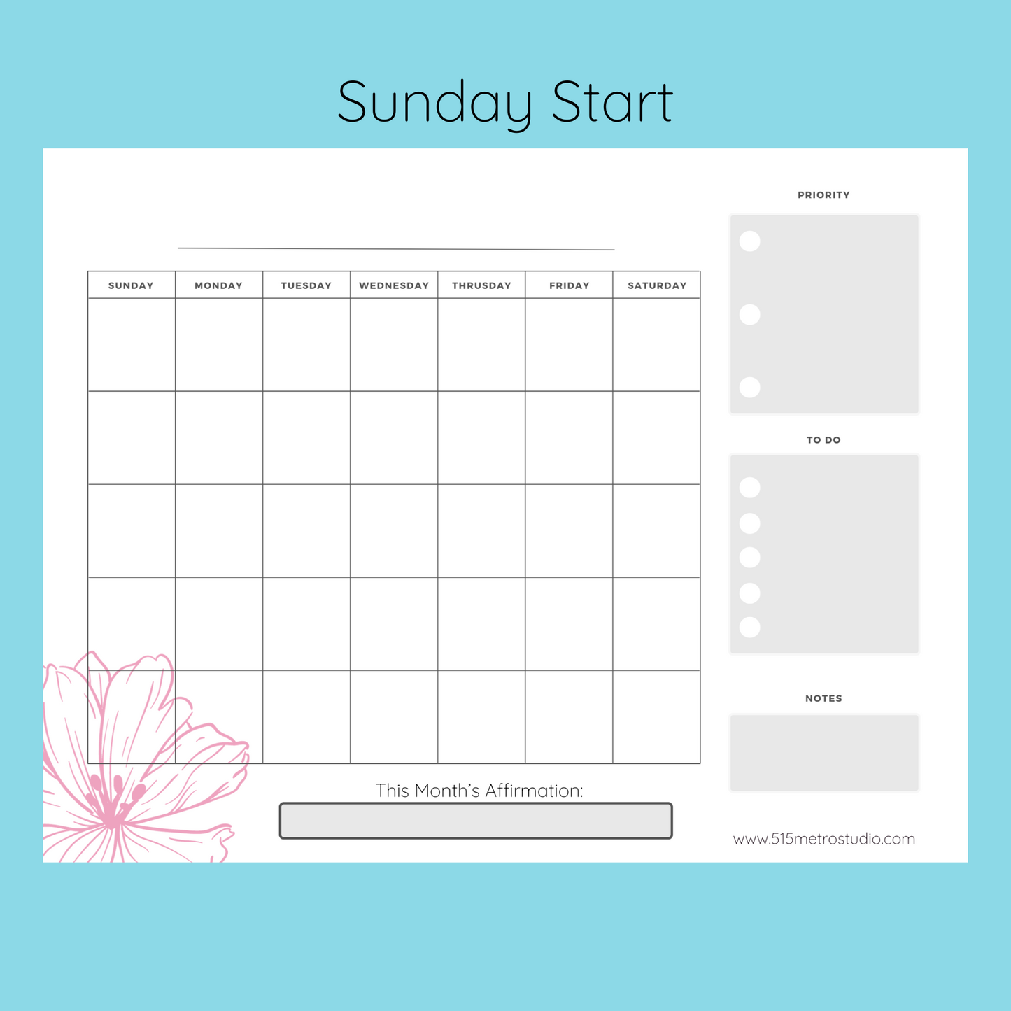 Monthly Blank Planner | Simple Pink Flower Monthly Planner | Instant Printable Download