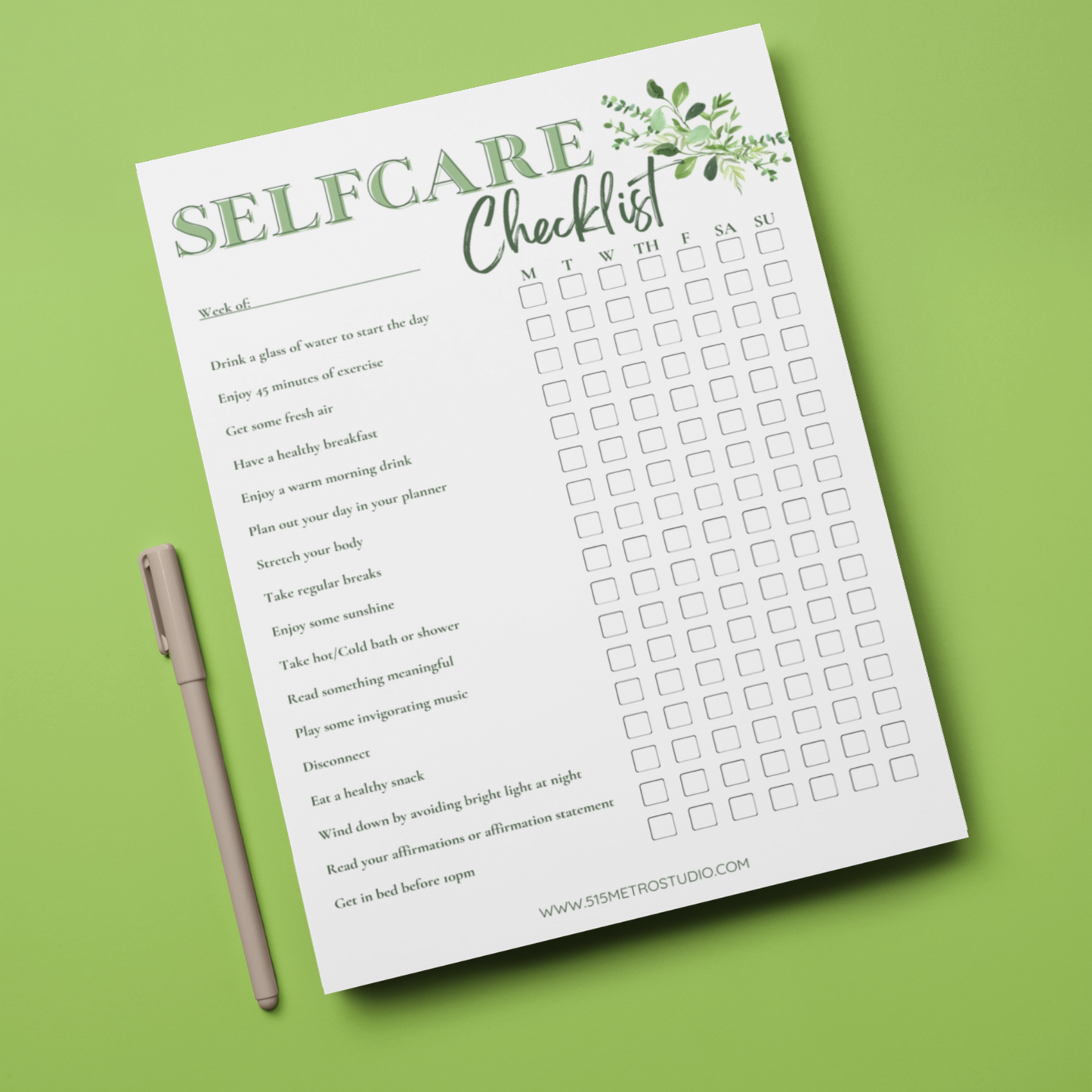 Self Care Checklist -Greenery | Instant Printable Download