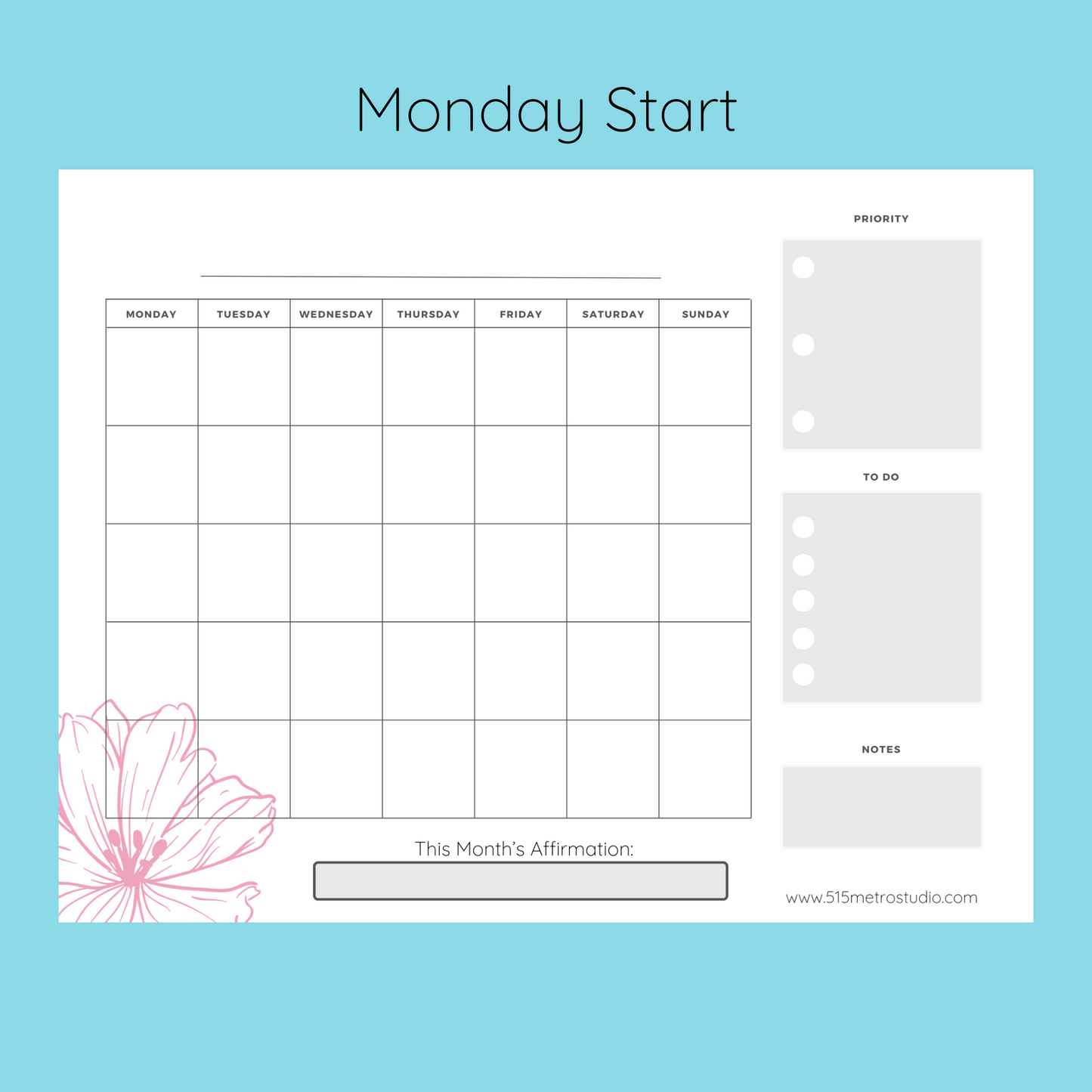 Monthly Blank Planner | Simple Pink Flower Monthly Planner | Instant Printable Download