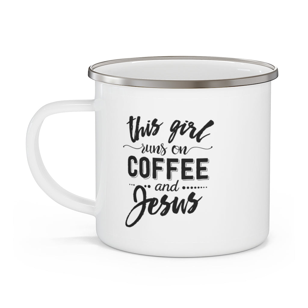 This girl runs on coffee and Jesus | Enamel Campfire Mug | Camping Mug