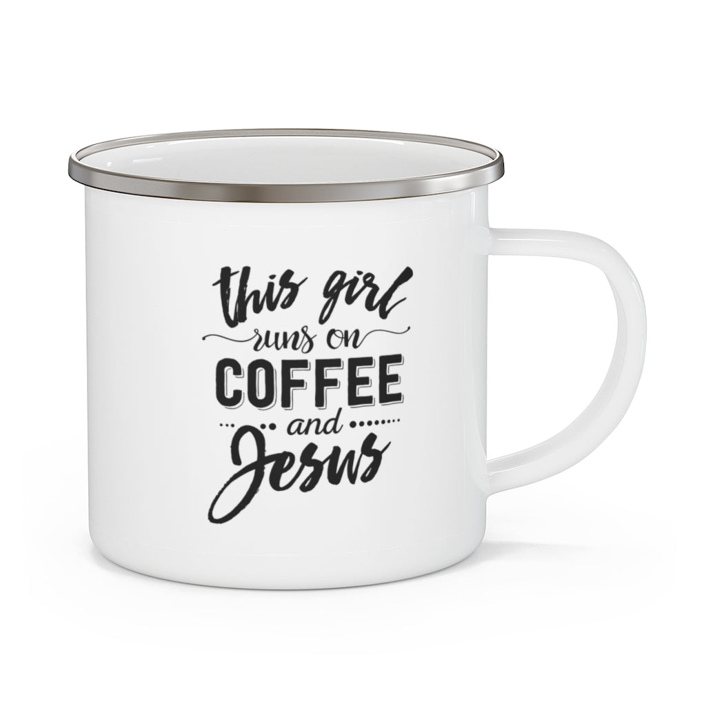 This girl runs on coffee and Jesus | Enamel Campfire Mug | Camping Mug