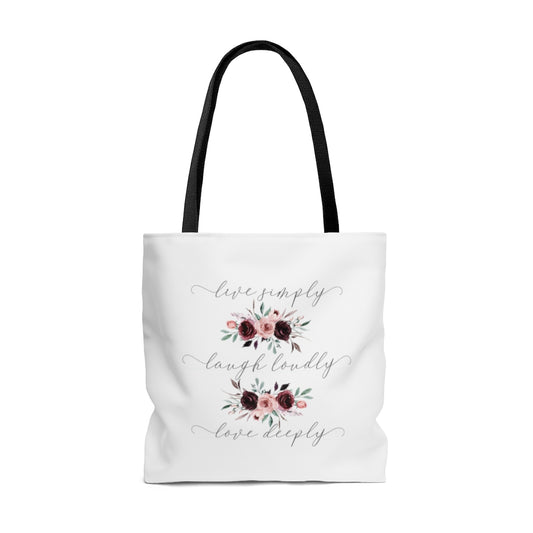 Live simply laugh loudly love deeply canvas tote bag