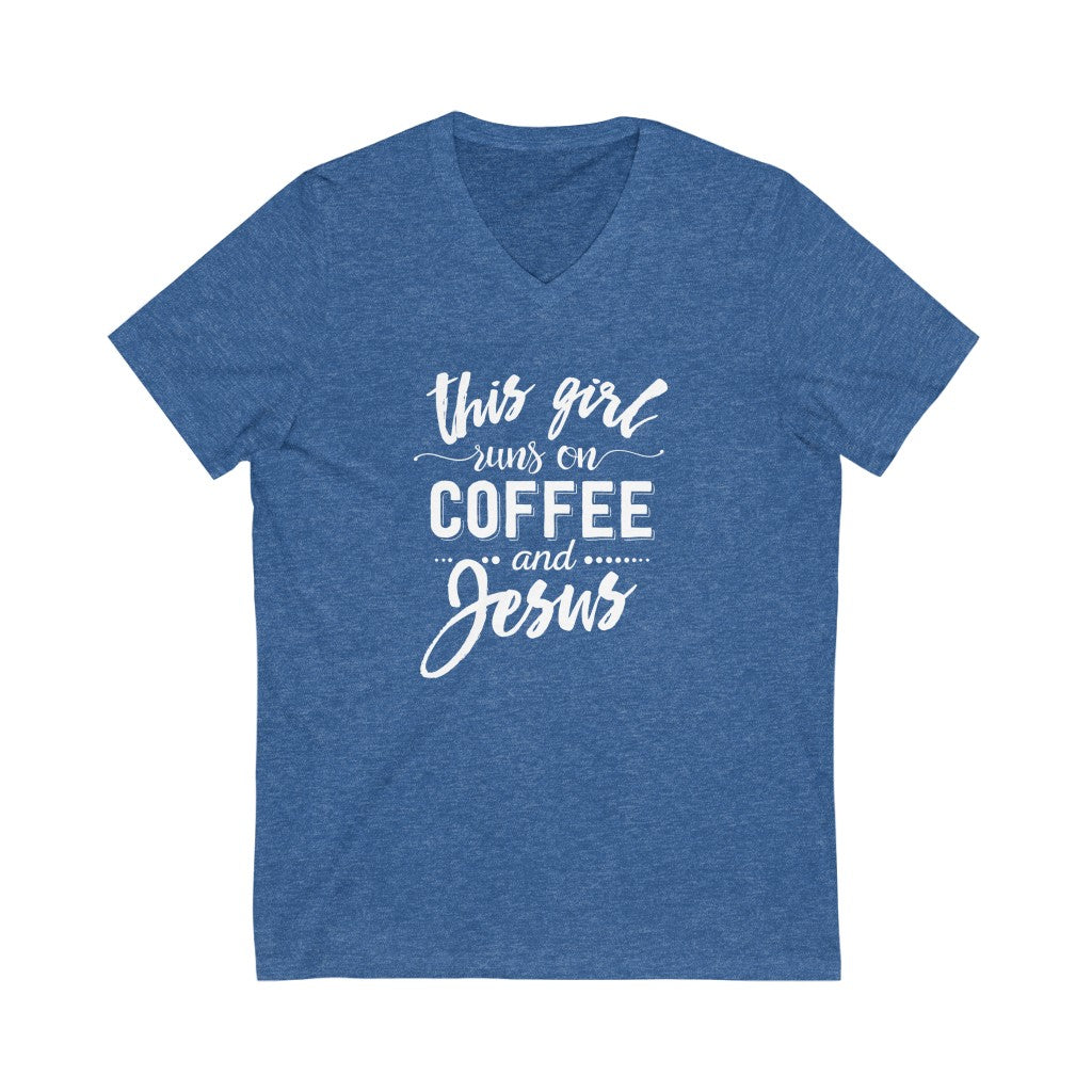 This Girl Runs on Coffee and Jesus V-neck shirt | Christian Shirt