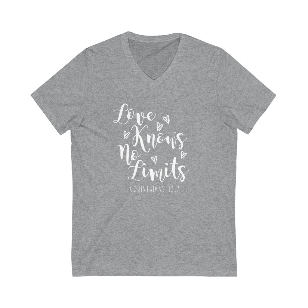 Love Knows No Limits V-neck shirt | 1 Corinthians 13:7 | Christian Shirt