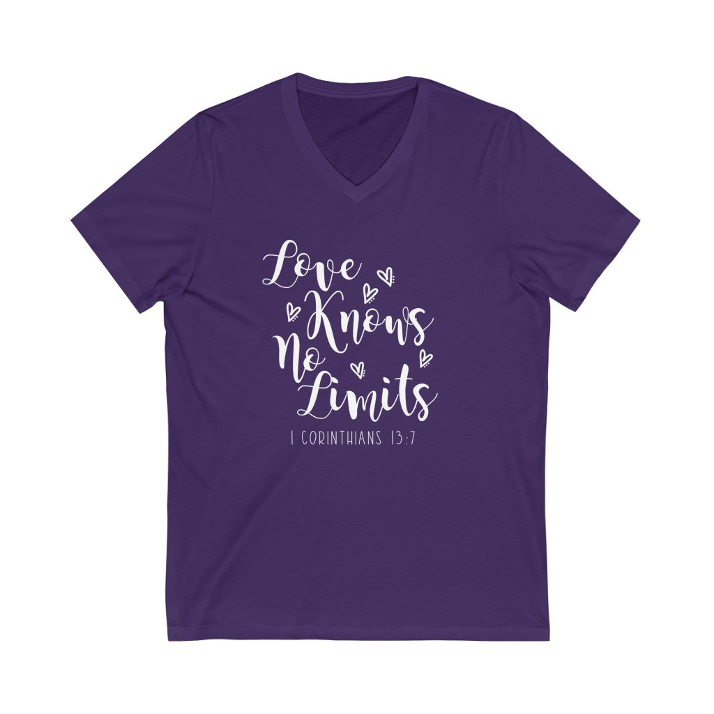 Love Knows No Limits V-neck shirt | 1 Corinthians 13:7 | Christian Shirt