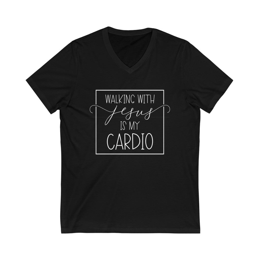 Walking With Jesus is My Cardio V-neck shirt | Christian Shirt