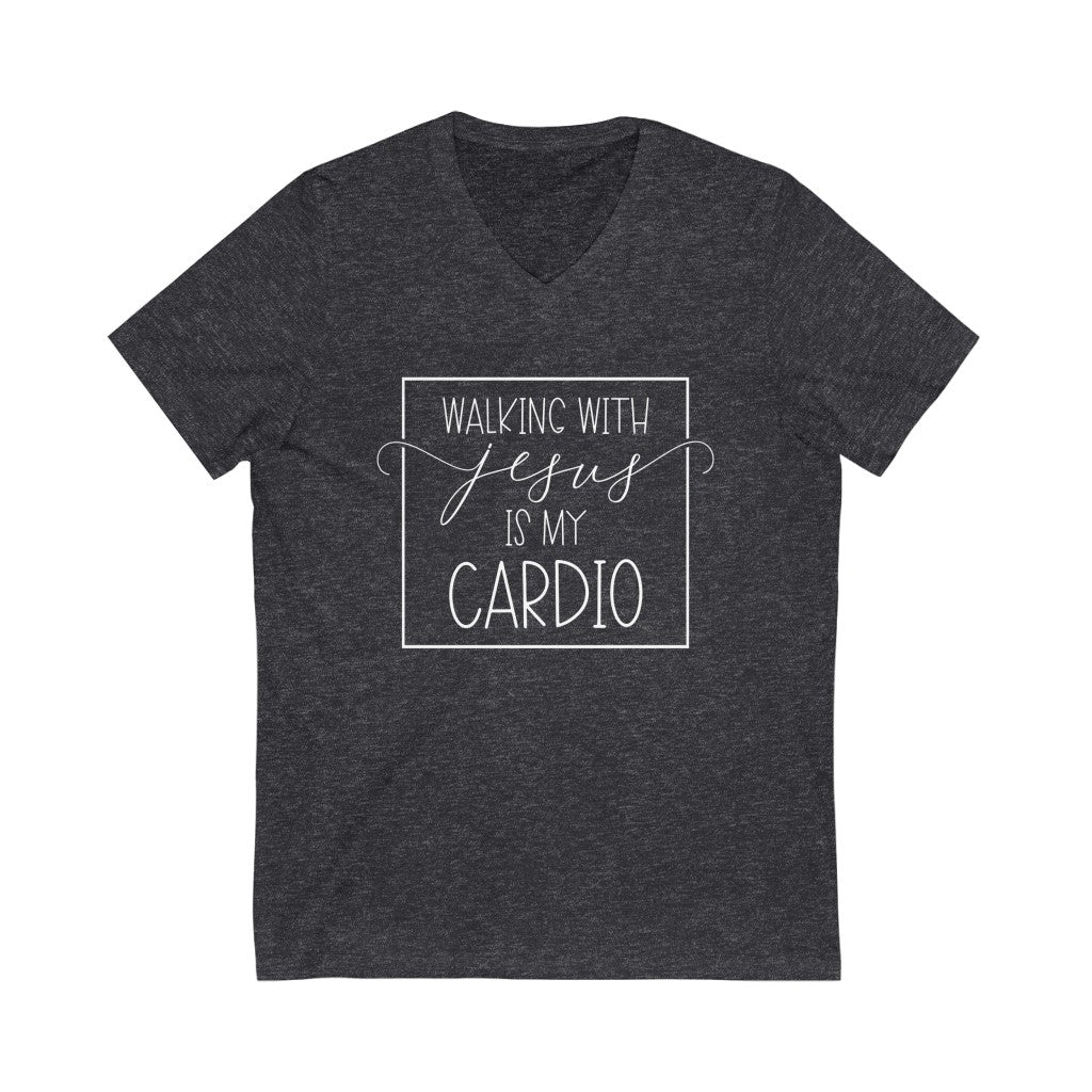 Walking With Jesus is My Cardio V-neck shirt | Christian Shirt