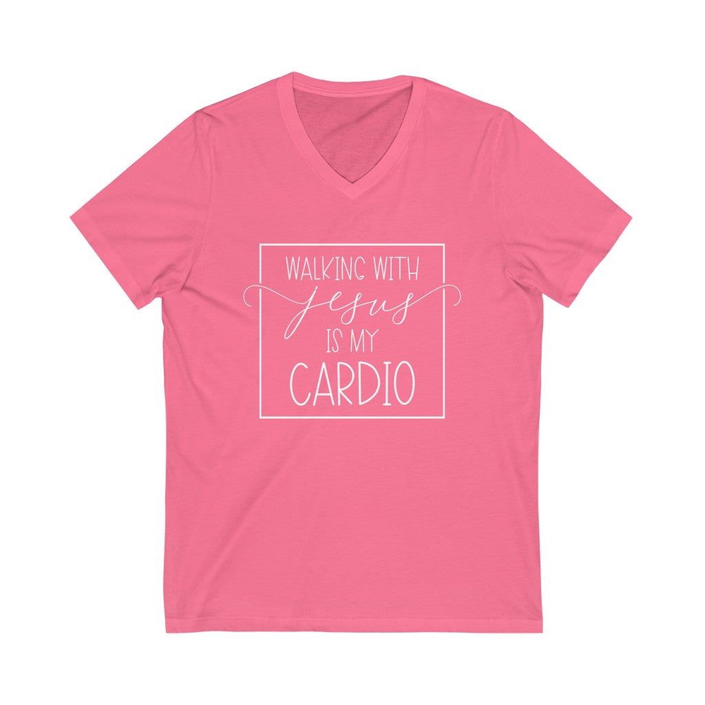 Walking With Jesus is My Cardio V-neck shirt | Christian Shirt