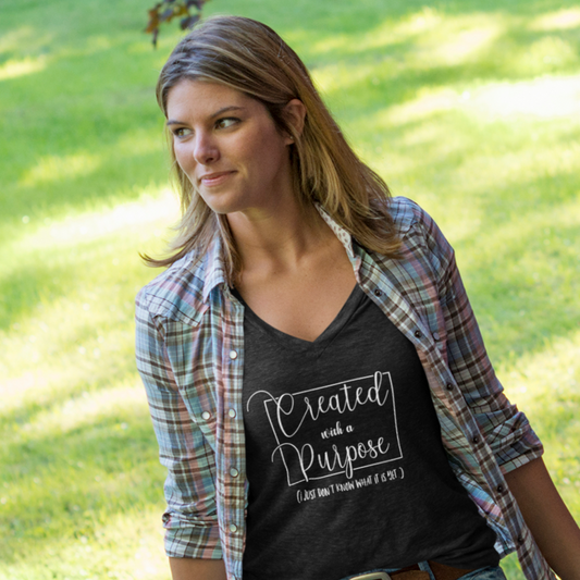 created with a purpose shirt black vneck| Christian Apparel