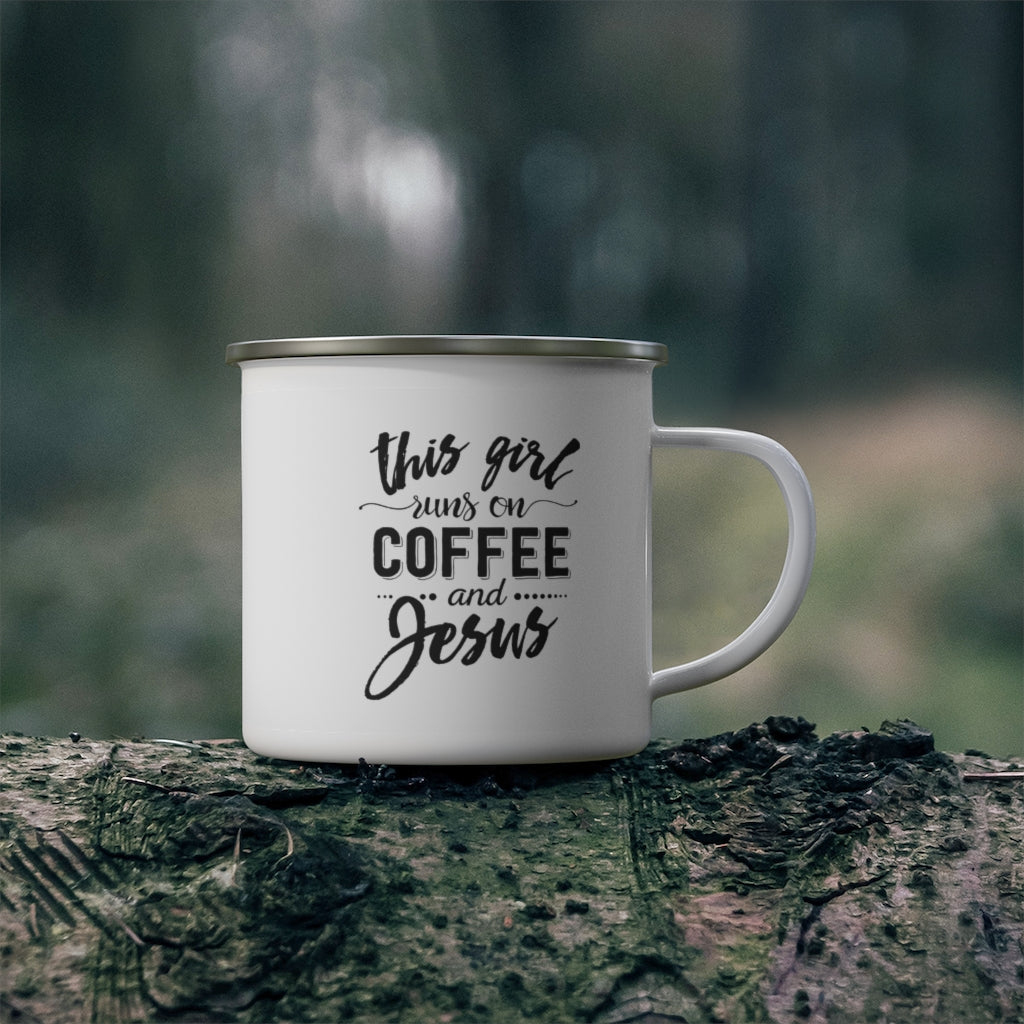 This girl runs on coffee and Jesus | Enamel Campfire Mug | Camping Mug