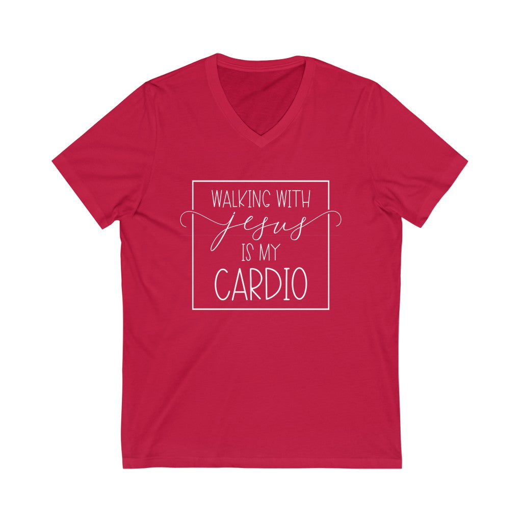 Walking With Jesus is My Cardio V-neck shirt | Christian Shirt