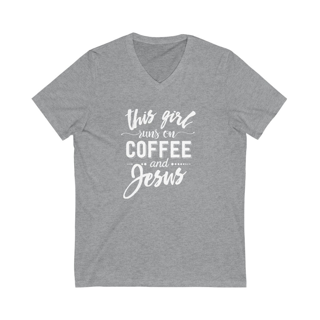 This Girl Runs on Coffee and Jesus V-neck shirt | Christian Shirt