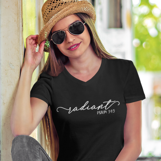 radiant vneck black shirt | Psalms | radiant with joy