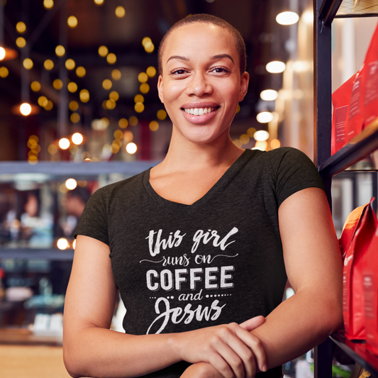 This girl runs on coffee and Jesus black vneck shirt | Christian coffee lover shirt